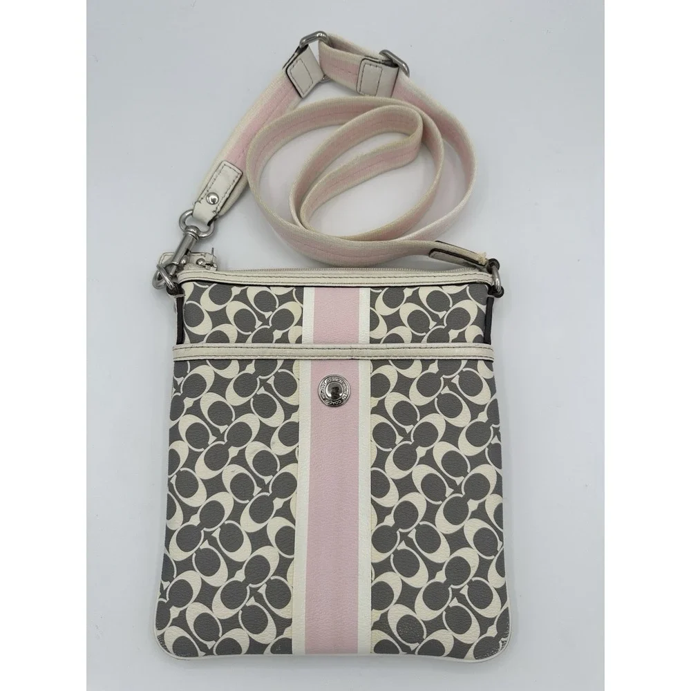 Coach Crossbody Bag Signature Monogram Coated Gray/Pink Leather